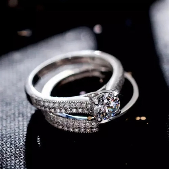 Host Pick! NEW! Dainty 18K White Gold Halo Diamond Engagement Ring Set - Picture 3 of 6